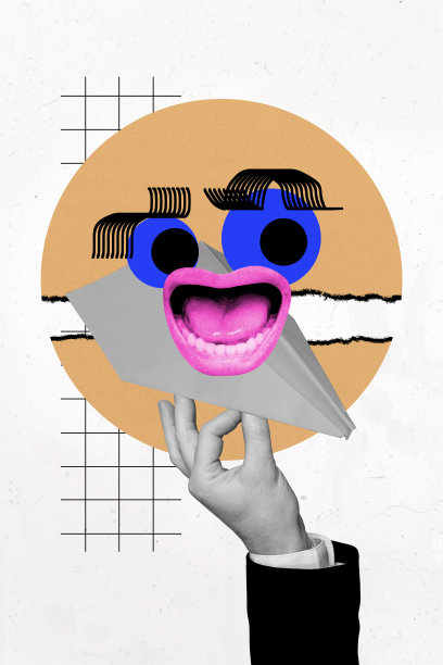 无脸的眼球、嘴巴、尖叫、手握纸飞机、旅行、飞行、信息聊天的垂直照片拼贴，孤立在涂鸦背景上。图片下载