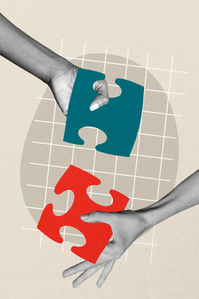 时尚艺术创意的垂直照片拼贴，展示手握拼图元素，匹配连接商业人士同事的创意拼图。图片下载