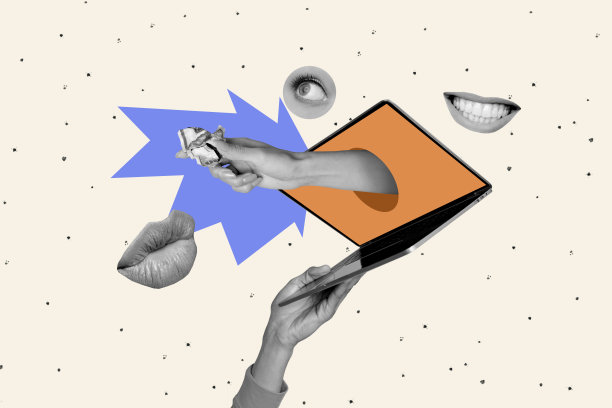 复合3D照片艺术拼贴，展示手掌提供皱巴巴的钱、笔记本电脑、互联网收入、在线情感、眼睛、微笑和嘴唇，背景为涂鸦风格。图片下载