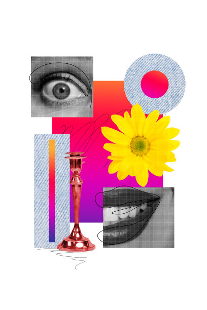 趋势模板草图设计照片拼贴，抽象碎片面孔、花朵、春季蜡烛台装饰、眼睛、微笑、美容学图片下载