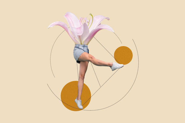 奇异超现实的明信片风格艺术照片拼贴，半身女性在巨大的睡莲花上方行走。图片下载