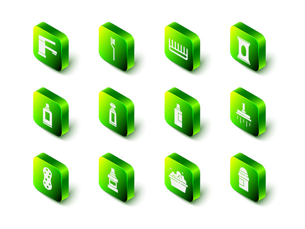 牙刷、发刷、湿巾包、淋浴喷头、止汗除臭剂滚珠、清洁剂瓶、带肥皂泡的洗脸盆和漱口水瓶图标。矢量图。图片下载