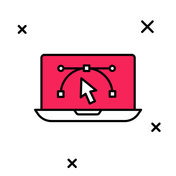 填充轮廓的计算机显示器，带有矢量设计程序图标，背景为白色。带有用户界面的照片编辑软件。矢量图。图片下载