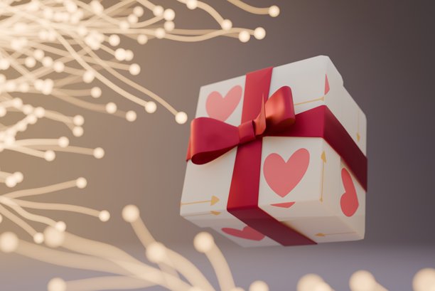 用心形图案纸包裹的礼物，象征着爱与情人节，背景是美丽闪烁的树枝的抽象图像 - 3D渲染 - 股票照片图片下载