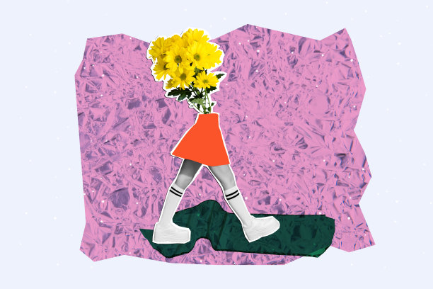 无头的荒诞乌克兰女士穿着裙子，手持黄色雏菊花束，独自在粉色铝箔背景上漫步的拼贴照片图片下载