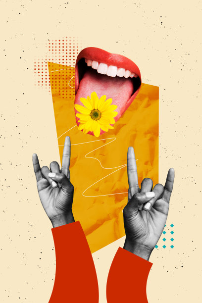 模板海报潮流艺术作品 3D照片拼贴 摇滚朋克身体语言手势标志 手指嘴唇舌头握花 春天图片下载