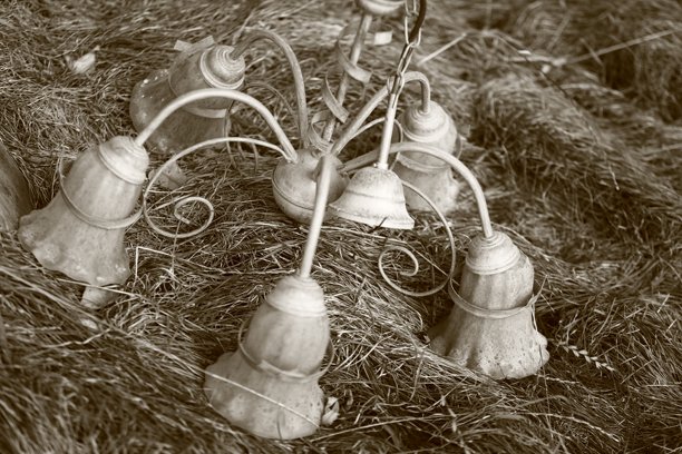 被遗忘的旧吊灯躺在草地上，黑白照片，褐色调图片下载