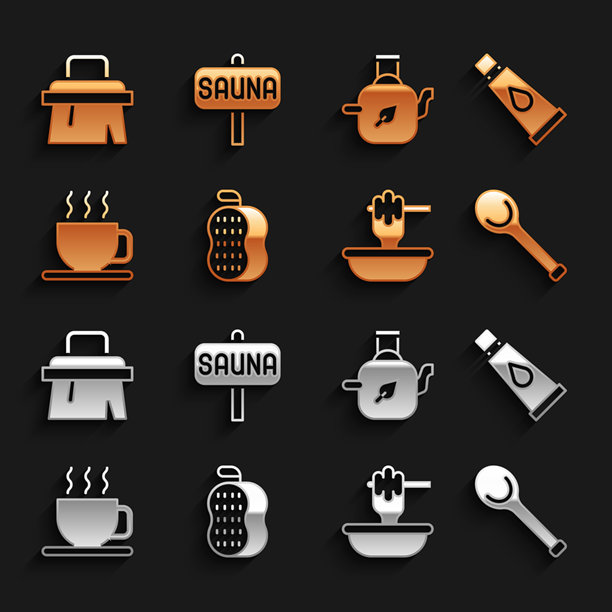 洗脸巾、护肤霜或乳液管、桑拿勺、蜂蜜蘸棒与碗、茶杯、茶壶、刷子和图标。矢量图。图片下载