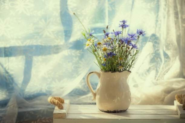 窗边阳光明媚的露台上放着一只装有田野花、雏菊和矢车菊的水壶。美丽的乡村照片，柔和的光线。田园风光。图片下载