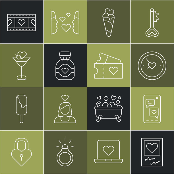线条图案的照片框和心形，手机，时钟，华夫筒冰淇淋，巧克力糖果，马提尼酒杯，播放视频和爱情票图标。矢量图。图片下载