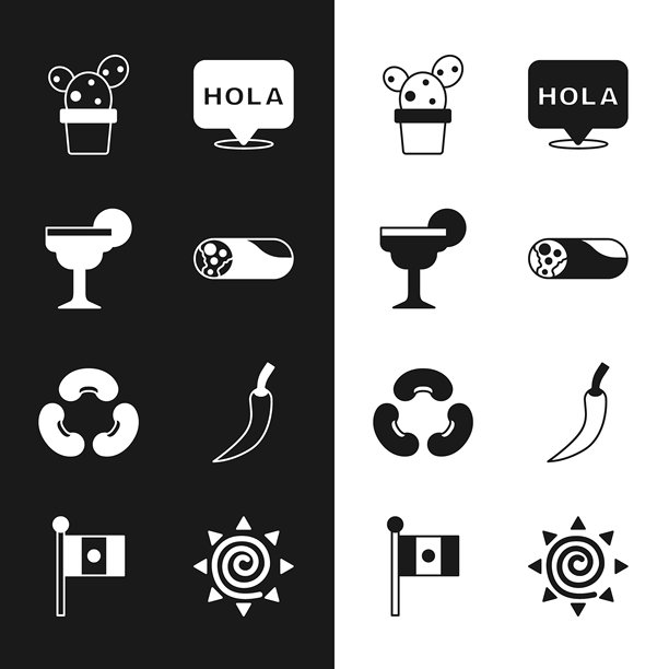 墨西哥卷饼、玛格丽塔鸡尾酒、盆栽仙人掌或多肉植物、你好、豆类、辣椒、太阳和墨西哥国旗图标。矢量图。图片下载