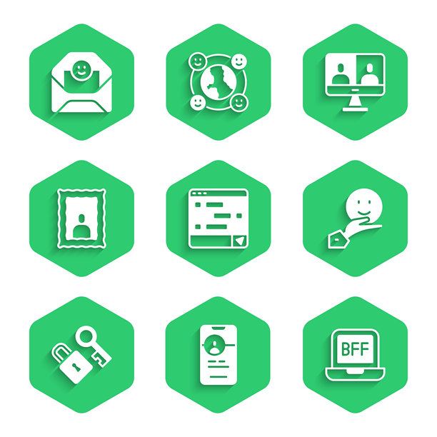 在笔记本电脑上设置聊天消息，在线约会应用，永远的好朋友，快乐的友谊日，带钥匙的锁，照片框，视频聊天会议和情人节心形图标信封。矢量图。图片下载