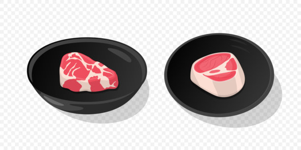 矢量卡通盘子套装，包含肉类。带骨牛排，嫩滑的花纹牛排在盘子上。扁平的卡通黑色盘子。盘子上的肉牛排。图片下载