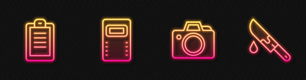 设置线条照片相机、警察报告、攻击盾牌和血腥刀具。发光霓虹图标。矢量图。图片下载