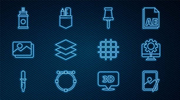 图形平板、计算机显示器和齿轮、图钉、图层、风景图片、喷漆罐、网格图纸和交叉尺铅笔图标。矢量图。图片下载