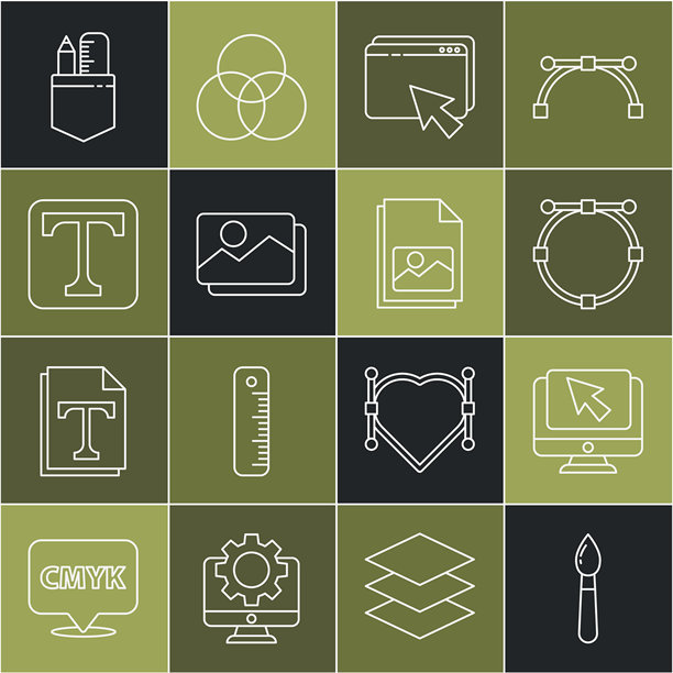 设置线条画笔、计算机显示器和光标、带贝塞尔曲线的圆形、网页设计开发、图片风景、文本、交叉的尺子铅笔和图标。矢量图图片下载