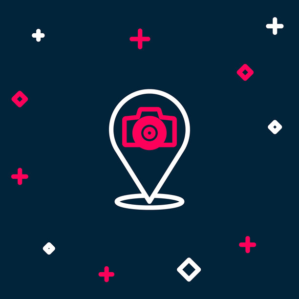 蓝色背景上的线条相机图标。照片相机。数字摄影。彩色轮廓概念。矢量图。图片下载