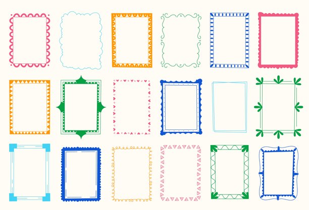 可爱的儿童涂鸦相框。卡通风格的儿童装饰照片框，手绘的方形、圆形、椭圆形和矩形形状，带有线条。矢量孤立图集。图片下载