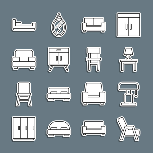 设置线条沙发椅、台灯、桌子、沙发、抽屉柜、床和椅子图标。矢量图。图片下载