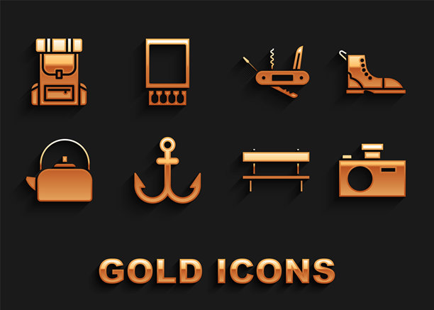 锚、登山靴、相机、长椅、带把手的水壶、瑞士军刀、背包和打开的火柴盒火柴图标。矢量图。图片下载
