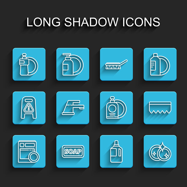 厨房洗碗机、肥皂、洗洁精瓶和盘子、柔顺剂、洗碗、水龙头、带泡沫的海绵和图标。矢量图。图片下载