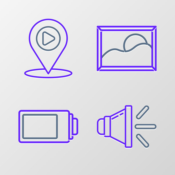 设置扬声器音量、电池电量指示器、图片横向显示和带位置图标的数字媒体播放。矢量图。图片下载