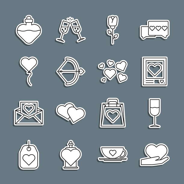 手中握着的心形线条，酒杯，心形照片框，玫瑰花，弓箭，气球造型，装有爱情药水的瓶子和图标。矢量图。图片下载