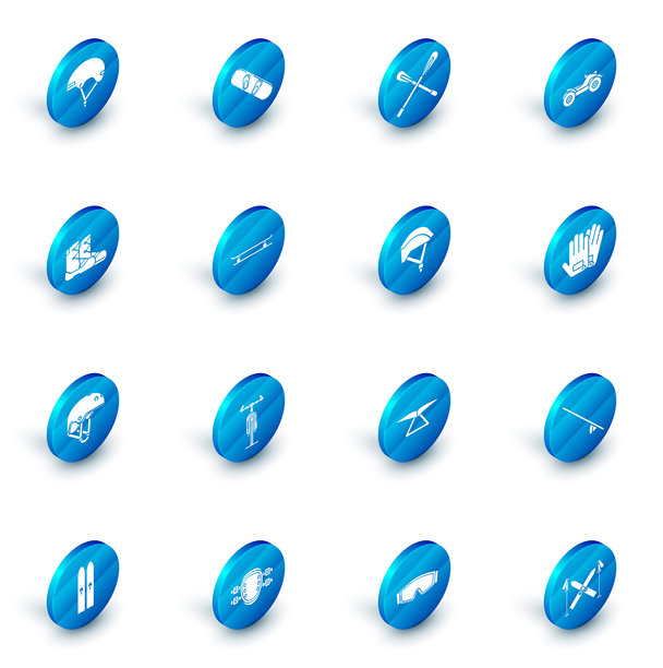 滑雪板、交叉桨、全地形车或ATV摩托车、靴子、头盔、滑板、手套和自行车头盔图标。矢量图。图片下载