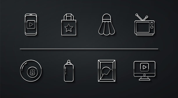 设置线条 在线播放视频，台球桌，复古电视，风景图片，沙袋，纸购物袋，以及羽毛球图标。矢量图图片下载