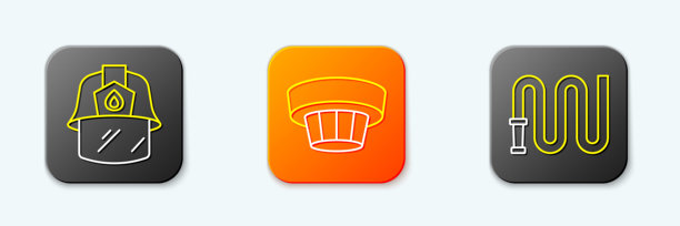 消防员头盔、烟雾报警器系统和水带卷盘图标。矢量图。图片下载