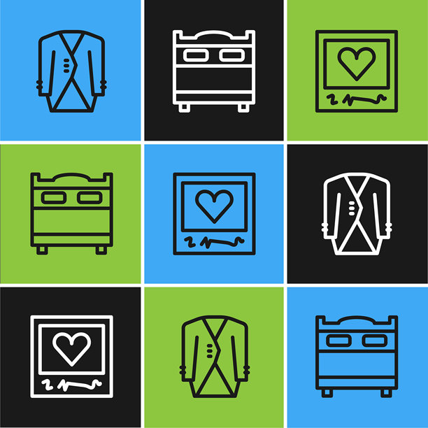 线条套装，照片框和心形，卧室图标。矢量图。图片下载