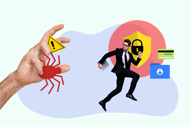 年轻商人奔跑的照片拼贴，互联网安全病毒防护，杀毒软件促销，网络安全绘图背景图片下载