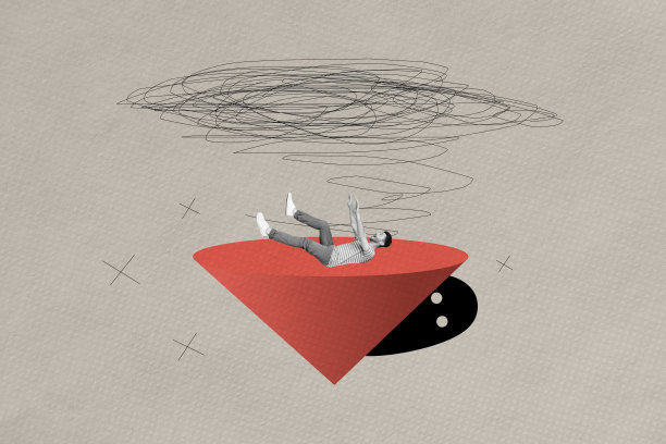 拼贴3D图像，复古风格的插画，描绘一个跌倒的男人，负面思维、抑郁怪兽，奇异不寻常的幻想，广告牌漫画图片下载