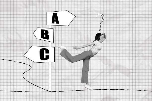 照片拼贴：年轻迷路女孩试图查看指示方向的路标，路标上有指向和问号，背景为格子图案。图片下载