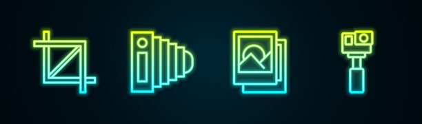 设置线条图片裁剪照片，照相机，框架和动作。发光霓虹图标。矢量。图片下载