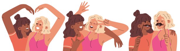 两个女孩摆姿势拍摄一系列照片。来自照相机的即时照片。快乐而坚固的友谊。幸福的青春。派对上的乐趣。矢量插图。图片下载