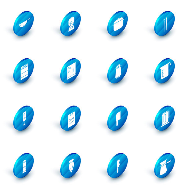 搅拌机、炊具、餐具、打开的火柴盒和火柴、冰箱、量杯和盐胡椒图标。矢量图。图片下载