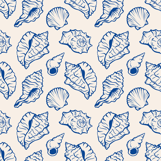 海洋贝壳无缝图案手绘艺术线条水下场景。复古风格插图。非常适合卡片、包装、婚礼印刷和装饰。图片下载