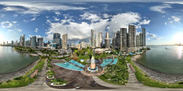 巴拿马城Cinta Costera的民主广场在傍晚时分的360度无人机航拍照片图片下载