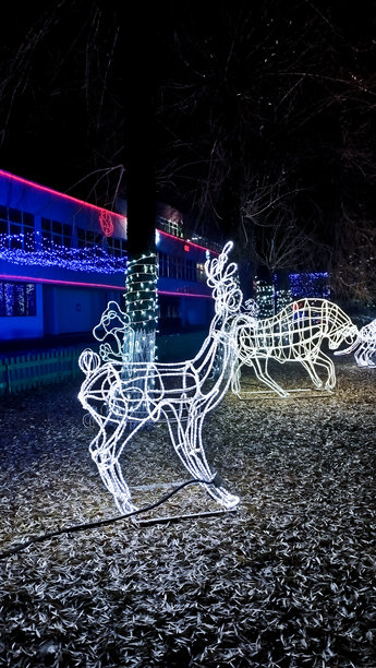 新年装置。圣诞照片区。一个大型美丽的新年玩具闪烁着圣诞灯光。图片下载