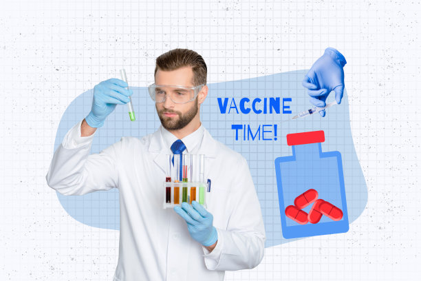 横向照片拼贴，展示一位男医生科学家手持试管，正在发明疫苗、药丸和注射剂，背景为棋盘格图案。图片下载