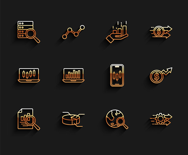 设置带有图表的文档，包括饼图信息图、服务器、搜索地球仪、时间管理、笔记本电脑、金融增长美元和移动股票交易图标。矢量图。图片下载