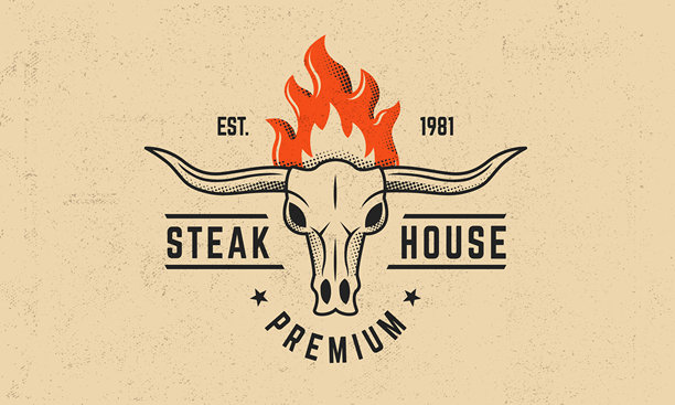 乡村风格的牛排馆，特色是带有粗壮角的长角头骨和复古风格的火焰图标。非常适合烧烤品牌、餐厅或烤肉菜单。矢量插图。图片下载