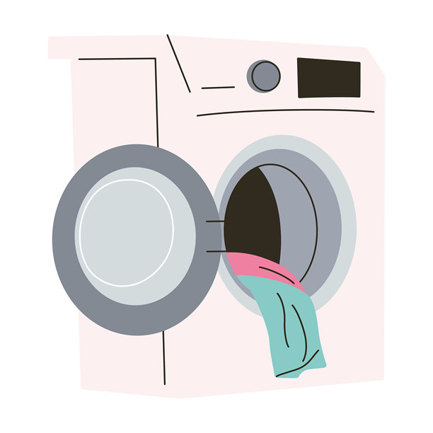 平面矢量插图，展示了一个打开门的洗衣机，里面有衣物。适用于洗衣、清洁和家居设计的涂鸦图标，洗衣房设备。图片下载