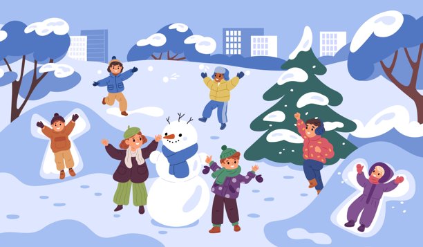 快乐的孩子们在冬季城市公园里玩得很开心。微笑的孩子们在打雪仗。男孩和女孩们在堆雪人。雪堆中的天使。冬季雪地游戏。鲜艳的矢量概念。图片下载