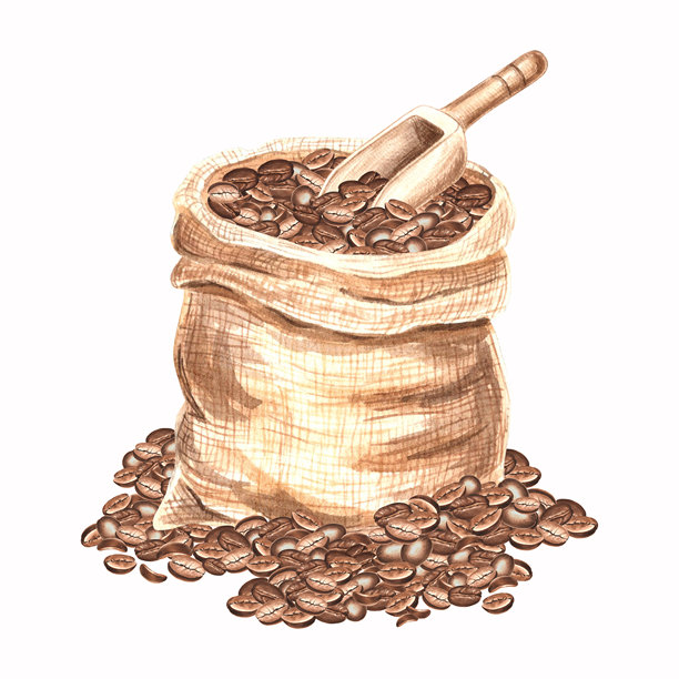 麻袋中的烘焙咖啡豆和木勺。散落的咖啡种子上的麻袋。手绘水彩插图，独立展示。装有谷物的帆布袋。用于包装和印刷的剪贴画。图片下载