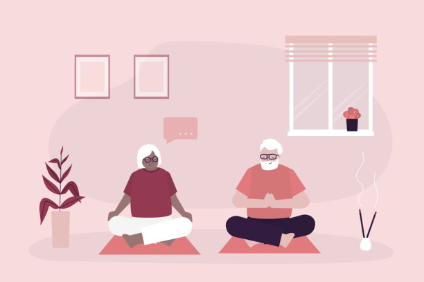 老年夫妇在家中或工作室练习瑜伽。祖父母以莲花坐姿伸展，过着积极的生活方式。健身与运动员，冥想。家庭注重健康。图片下载