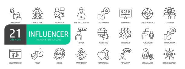 影响者线条图标集。该集合包括推广、名人、内容创作者、大使、直播、营销、社交媒体、合作、品牌等。图片下载