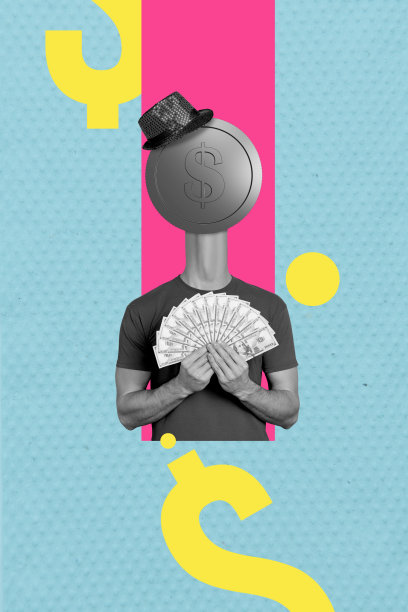 趋势艺术复合横幅 3D 照片拼贴，展示收入预算、美元、经济、硬币，年轻男士无头站立，手持钞票，戴着帽子图片下载
