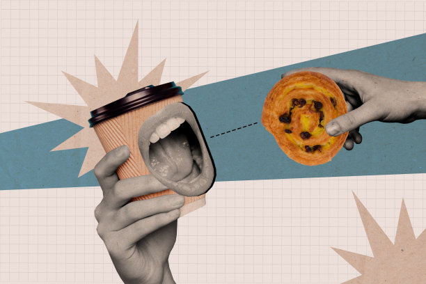 咖啡外带杯、手、吃包子、卡路里、午餐、休闲、美味、面包店的拼贴照片，背景为涂鸦风格。图片下载